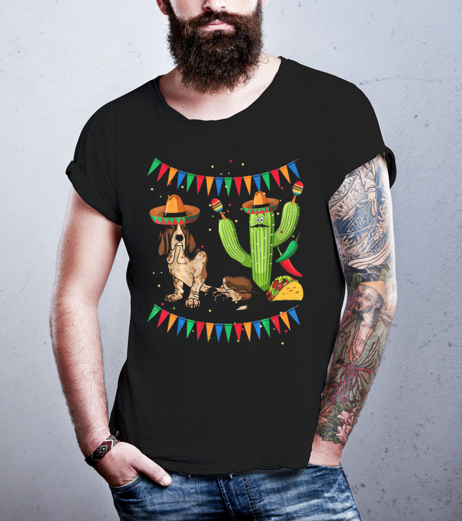 Sombrero Basset Hound Dog Mexico Cinco Cactus Taco Fiesta Decor T-Shirt