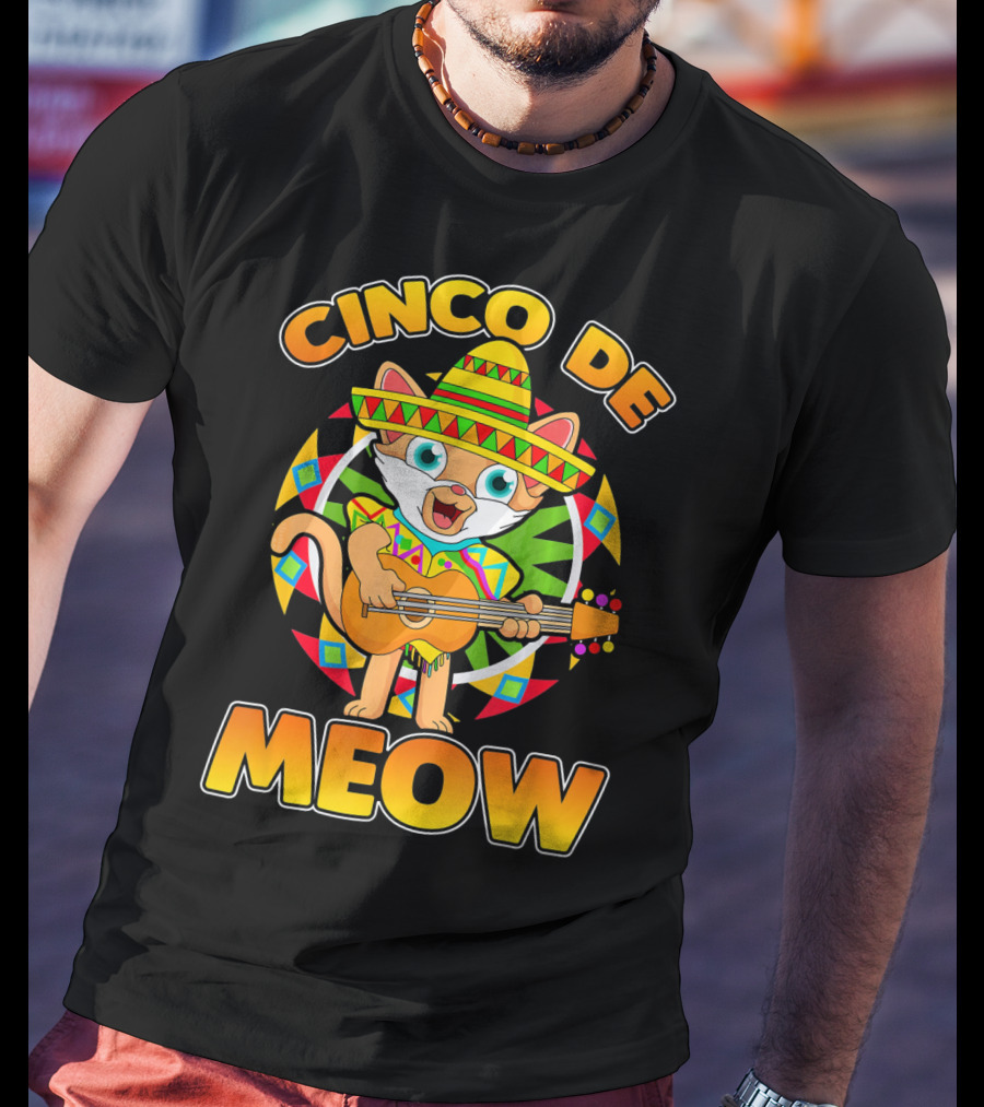 Cinco De Meow Mexican Sombrero Cat Playing Guitar T-Shirt
