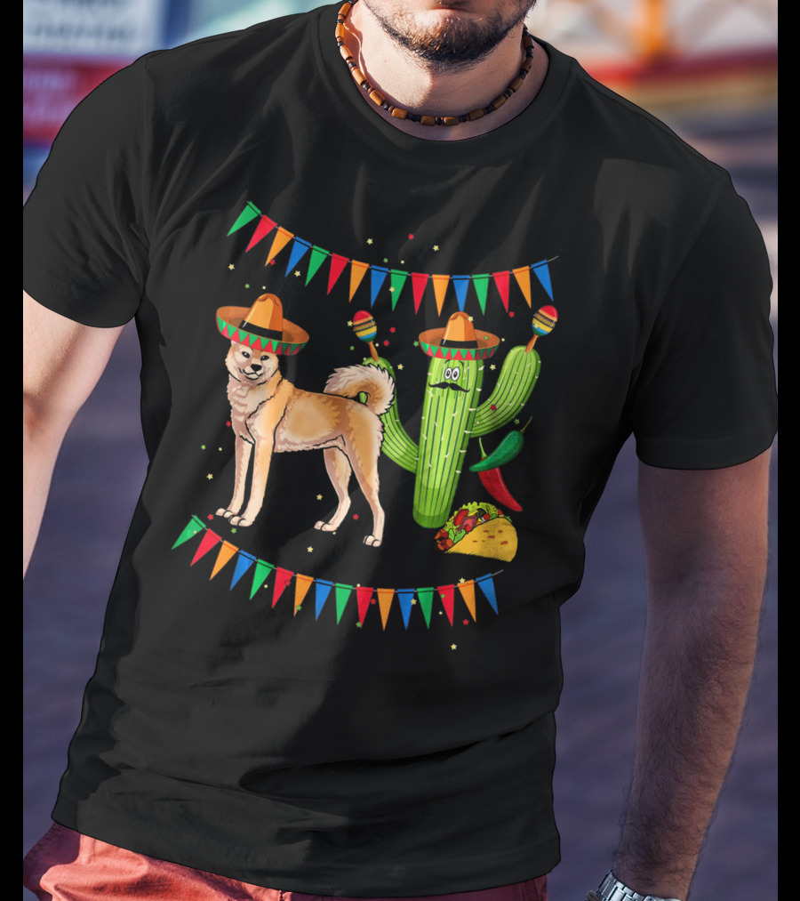 Sombrero Akita Dog Cactus Taco Maracas Mexico Cinco De Mayo T-Shirt