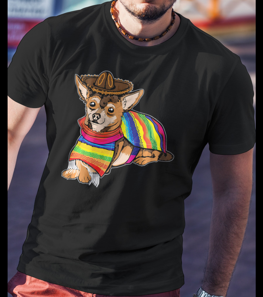 Cute Dog Chihuahua Chiweenie Mexico Sombrero Rainbow Poncho Cinc T-Shirt