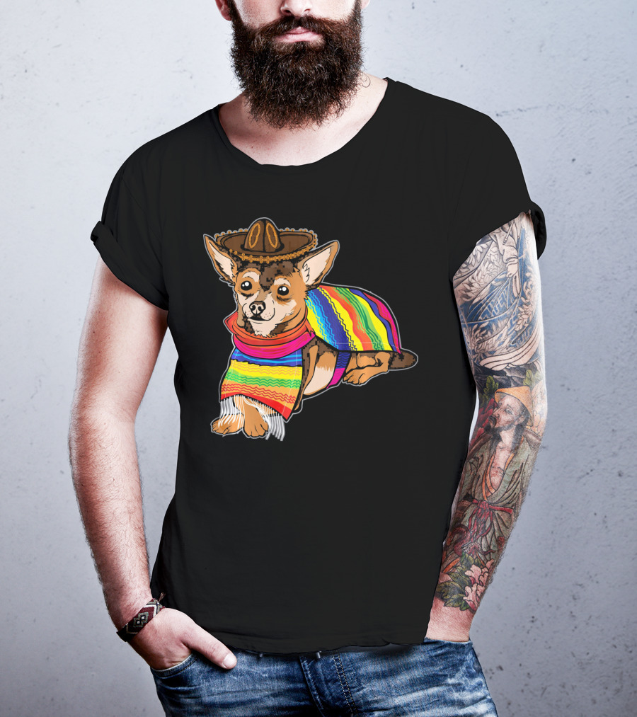 Cute Dog Chihuahua Chiweenie Mexico Sombrero Rainbow Poncho Cinc T-Shirt
