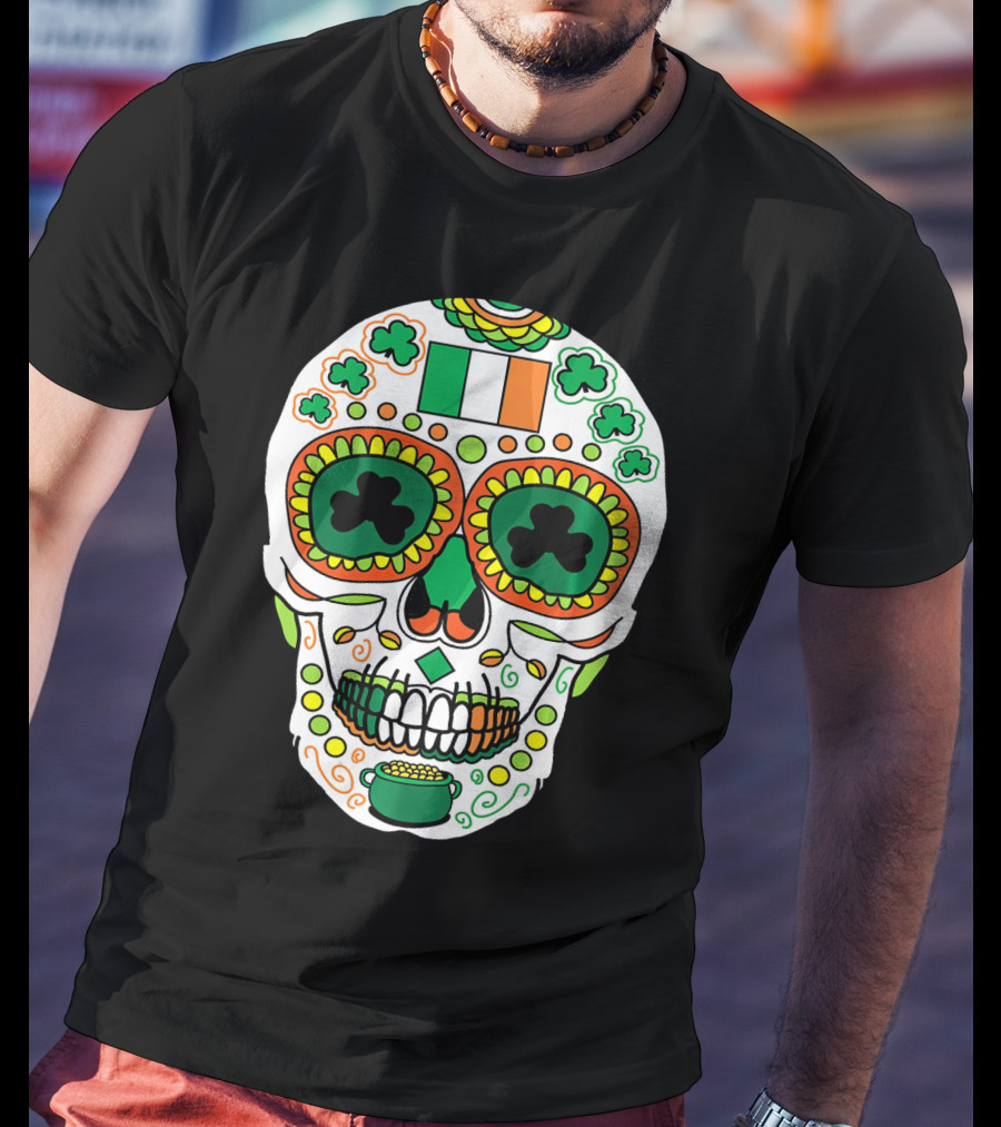 St Paddys Day Irish Flag Shamrock Sugar Skull Cinco De T-Shirt