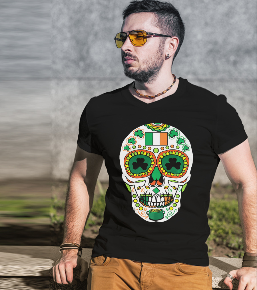 St Paddys Day Irish Flag Shamrock Sugar Skull Cinco De T-Shirt