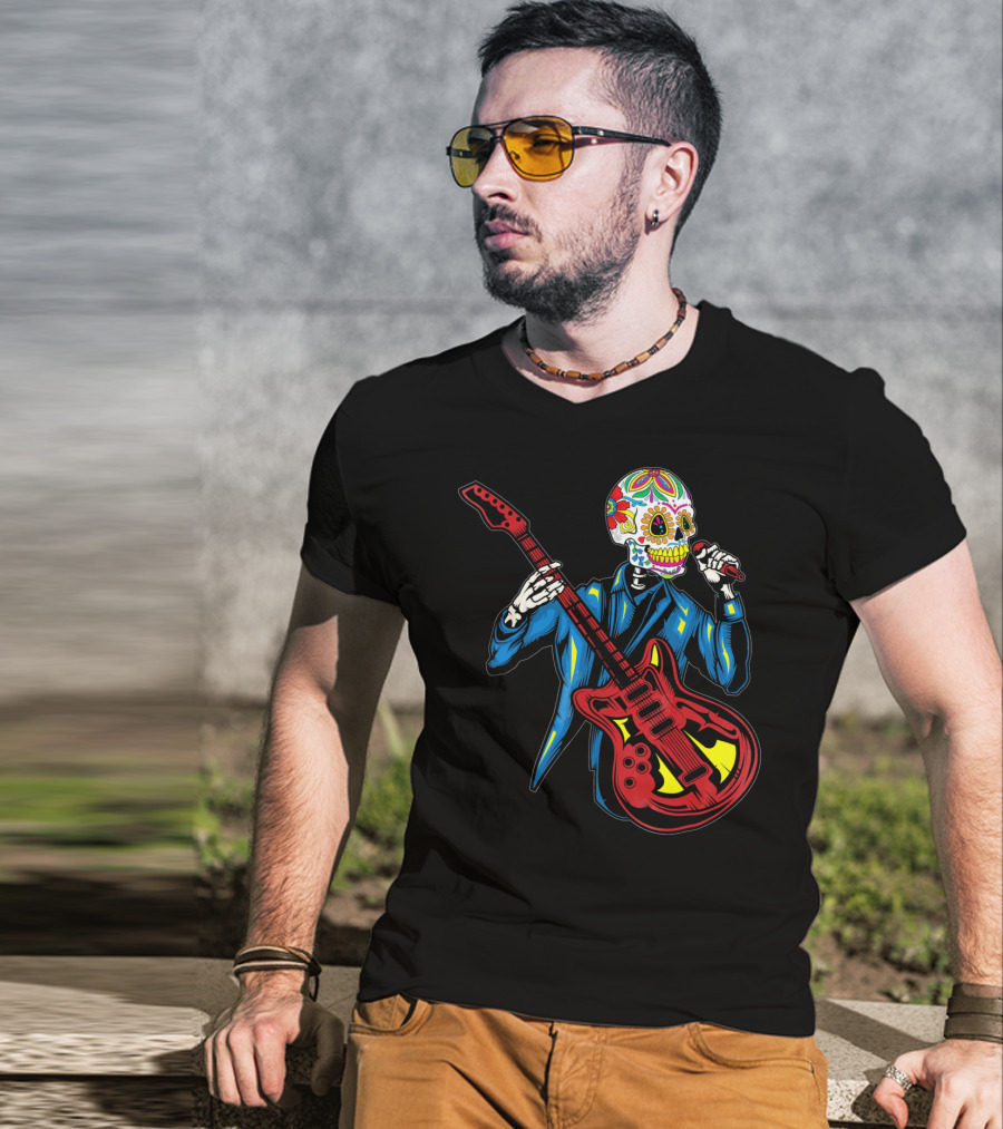 Sugar Skull Playing Guitar Cinco De Mayo T-Shirt