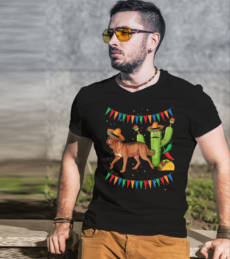 Sombrero Dogue De Bordeaux Dog Cactus Mexico Fiesta Flags Taco Peppers T-Shirt