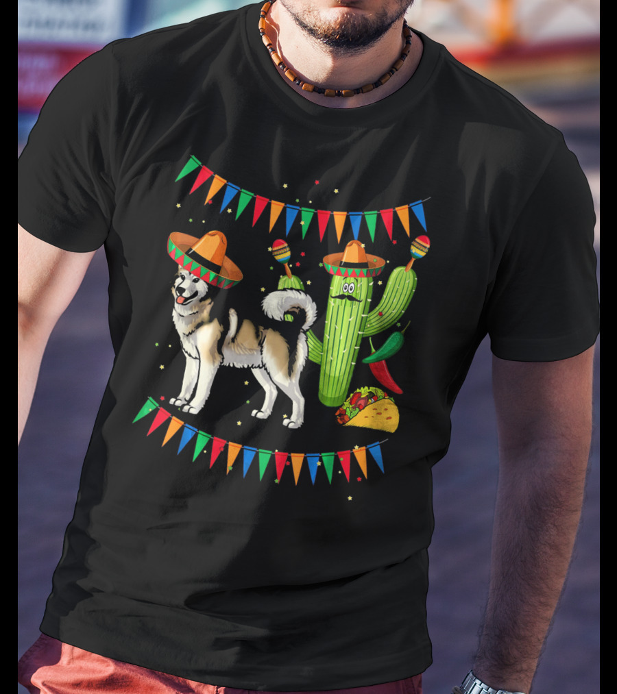 Sombrero Alaskan Malamute Dog With Cactus And Mexican Fiesta Elements T-Shirt