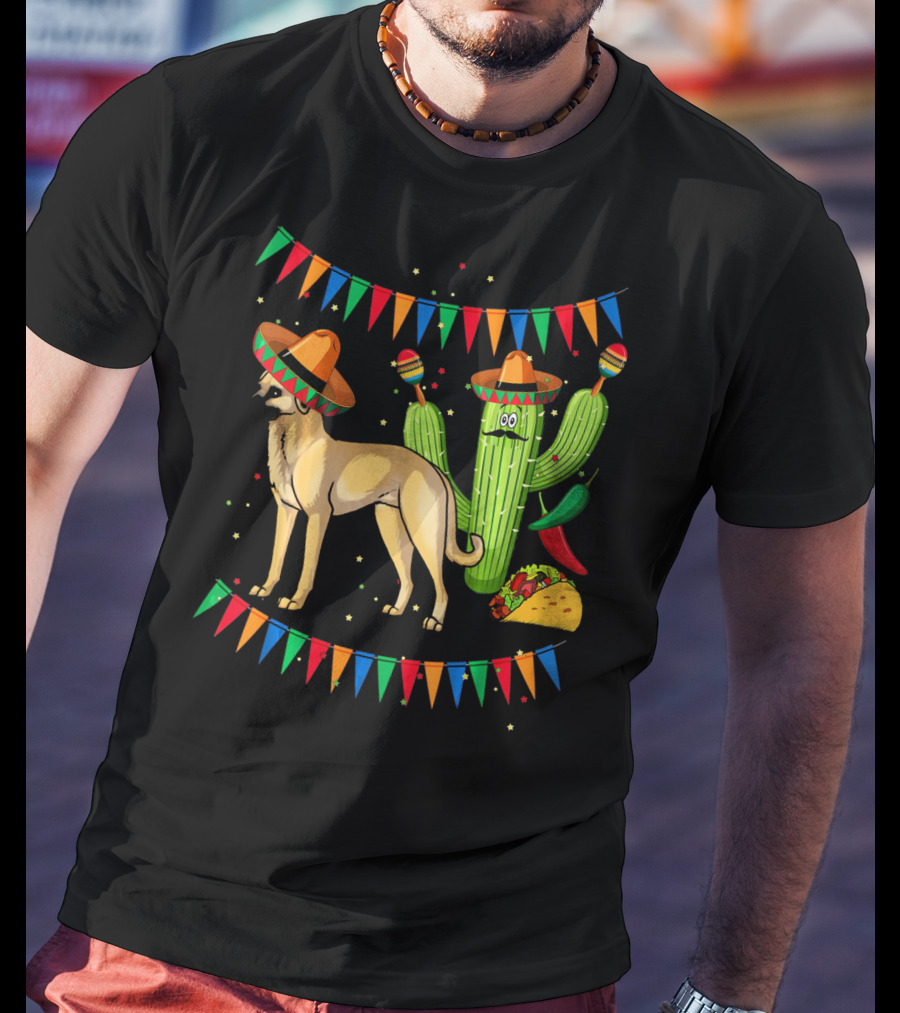 Sombrero-Clad Anatolian Shepherd Dog With Mexican Cactus And Taco Fiesta Banners T-Shirt