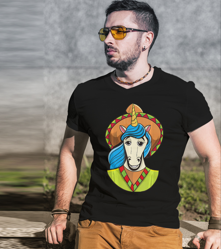 Hispanic Unicorn In Sombrero With Colorful Mane For Cinco T-Shirt