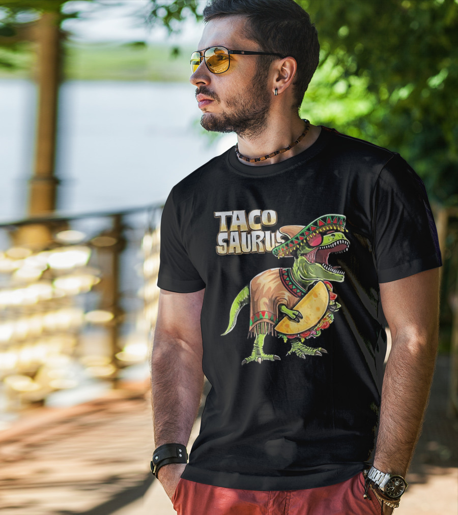 Tacosaurus Dinosaur Wearing Sombrero And Serape Holding Taco T-Shirt
