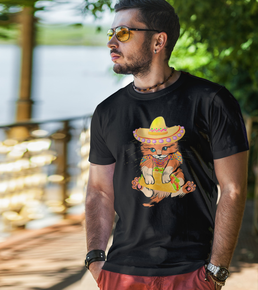 Cinco De Mayo Funny Cat In Sombrero Holding Taco T-Shirt