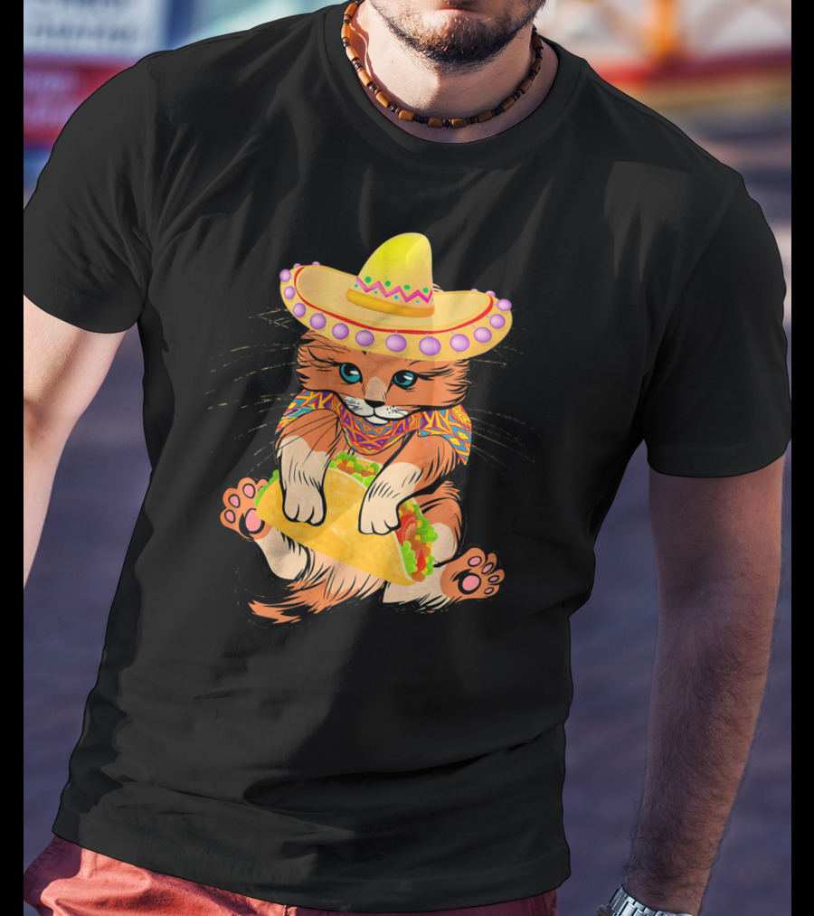 Cinco De Mayo Funny Cat In Sombrero Holding Taco T-Shirt