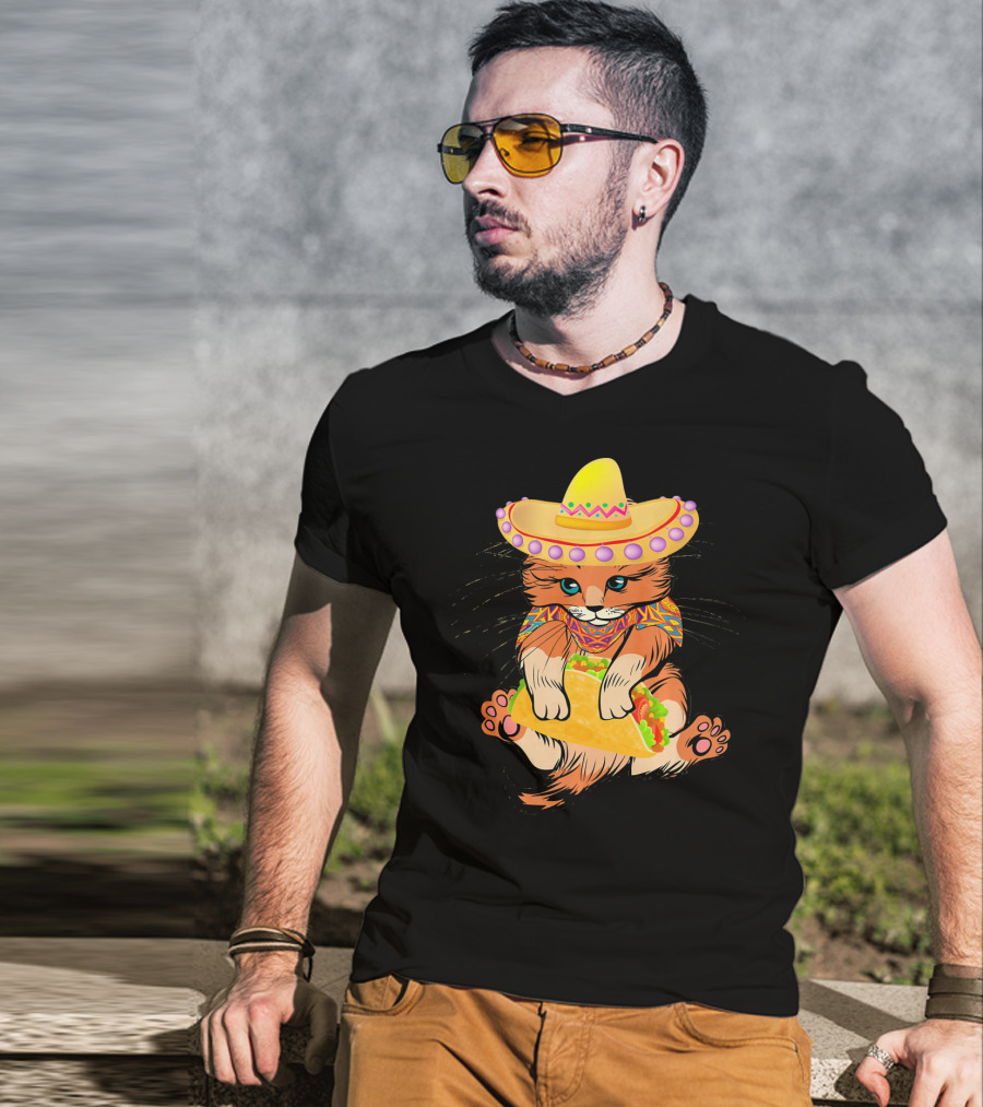 Cinco De Mayo Funny Cat In Sombrero Holding Taco T-Shirt