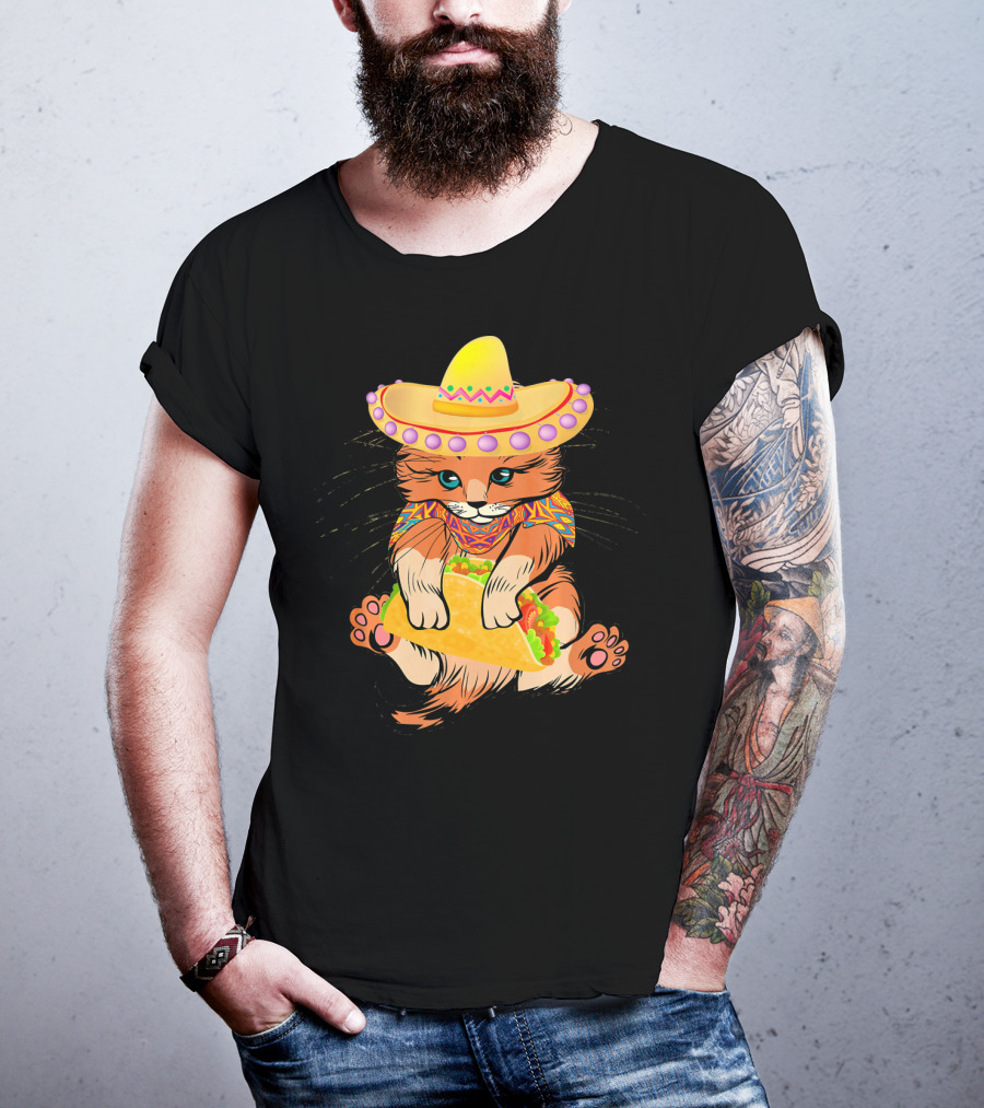 Cinco De Mayo Funny Cat In Sombrero Holding Taco T-Shirt