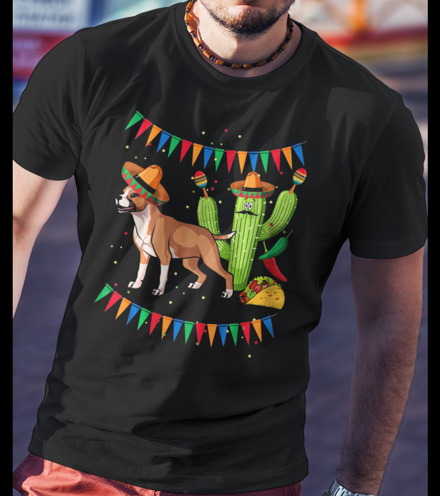 Cinco Sombrero Staffordshire Terrier Dog With Festive Cactus And Taco T-Shirt
