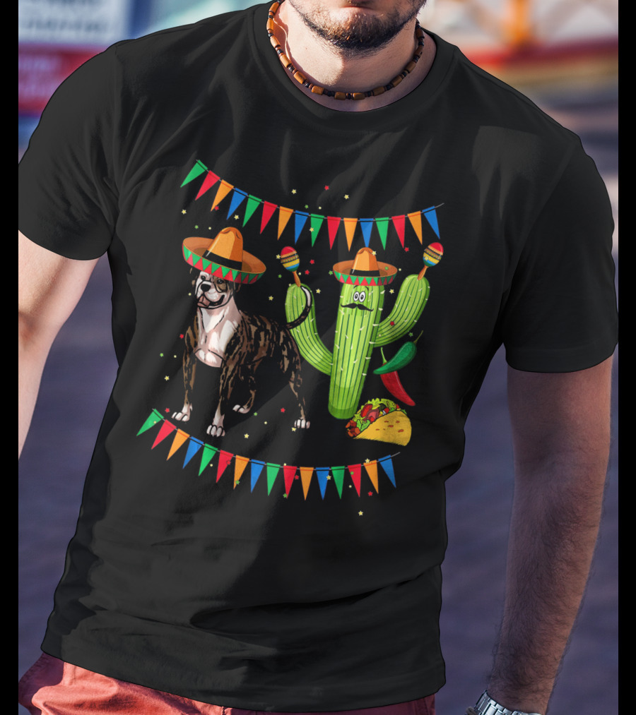 Sombrero American Bulldog Dog Mexico Cactus Chili Taco Fiesta T-Shirt
