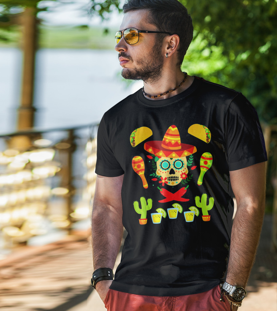 Festive Cinco De Mayo Sombrero Skull With Tacos And Maracas T-Shirt