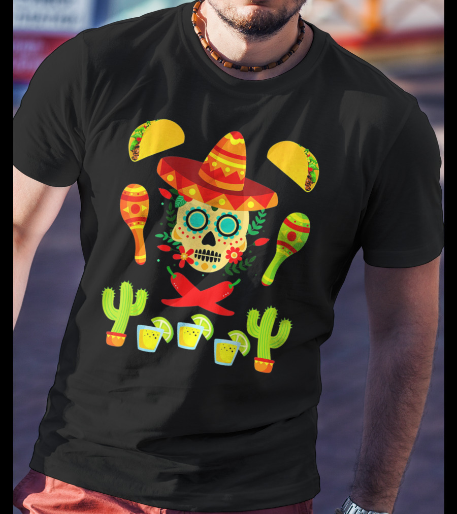 Festive Cinco De Mayo Sombrero Skull With Tacos And Maracas T-Shirt