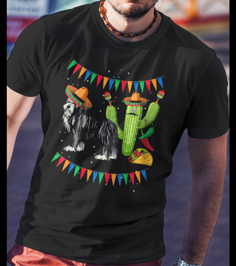 Sombrero Bearded Collie Dog Cactus Fiesta Mexico Cinco De Mayo Flags Taco Maracas T-Shirt