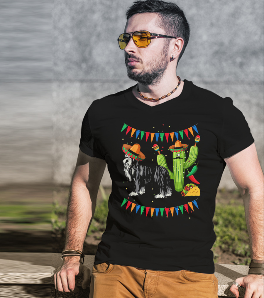 Sombrero Bearded Collie Dog Cactus Fiesta Mexico Cinco De Mayo Flags Taco Maracas T-Shirt