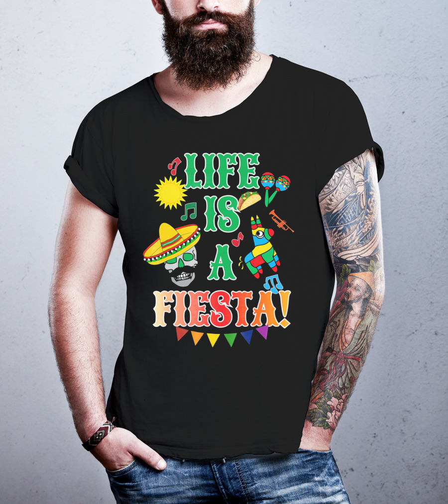 Life Is A Fiesta Sombrero Skull Taco Maracas Piñata Music T-Shirt