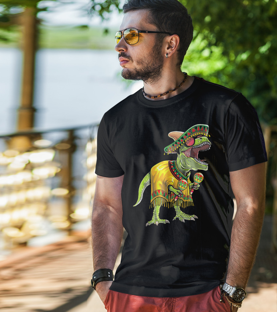 Cinco De Mayo Dinosaur Sombrero Maracas Poncho Fiesta T-Shirt