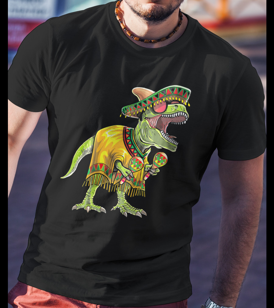 Cinco De Mayo Dinosaur Sombrero Maracas Poncho Fiesta T-Shirt