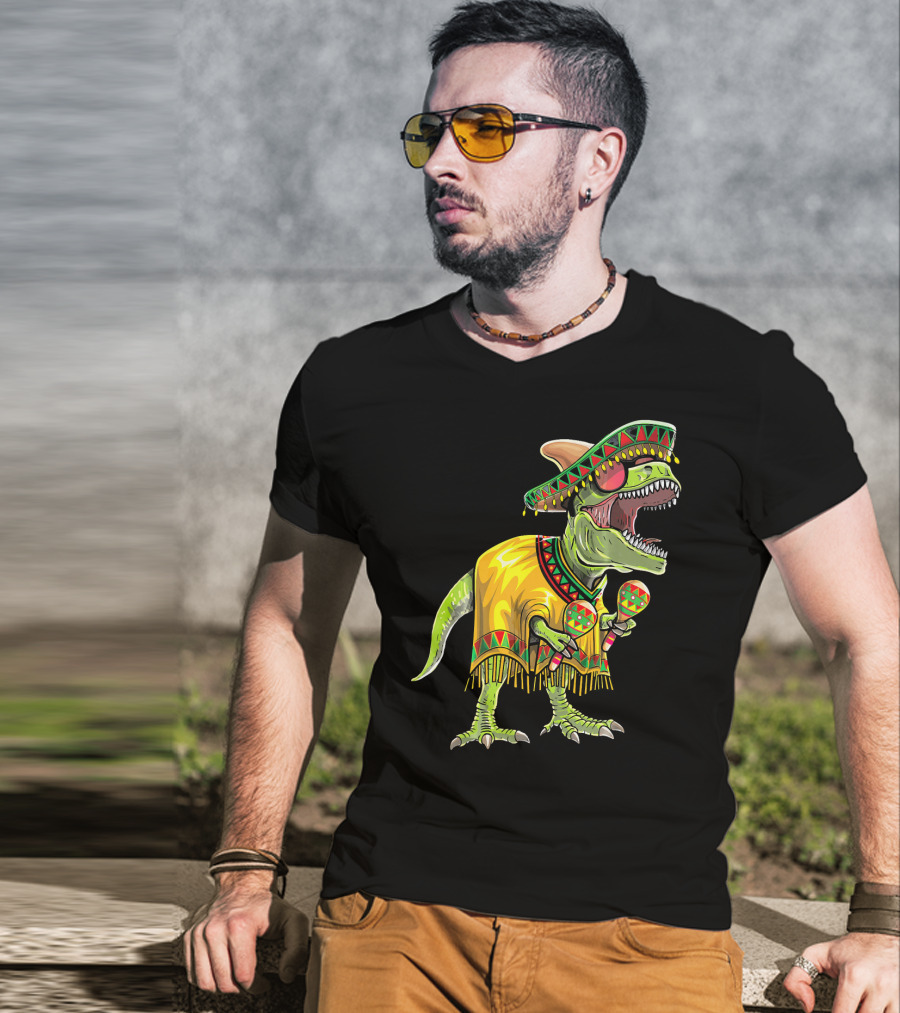 Cinco De Mayo Dinosaur Sombrero Maracas Poncho Fiesta T-Shirt