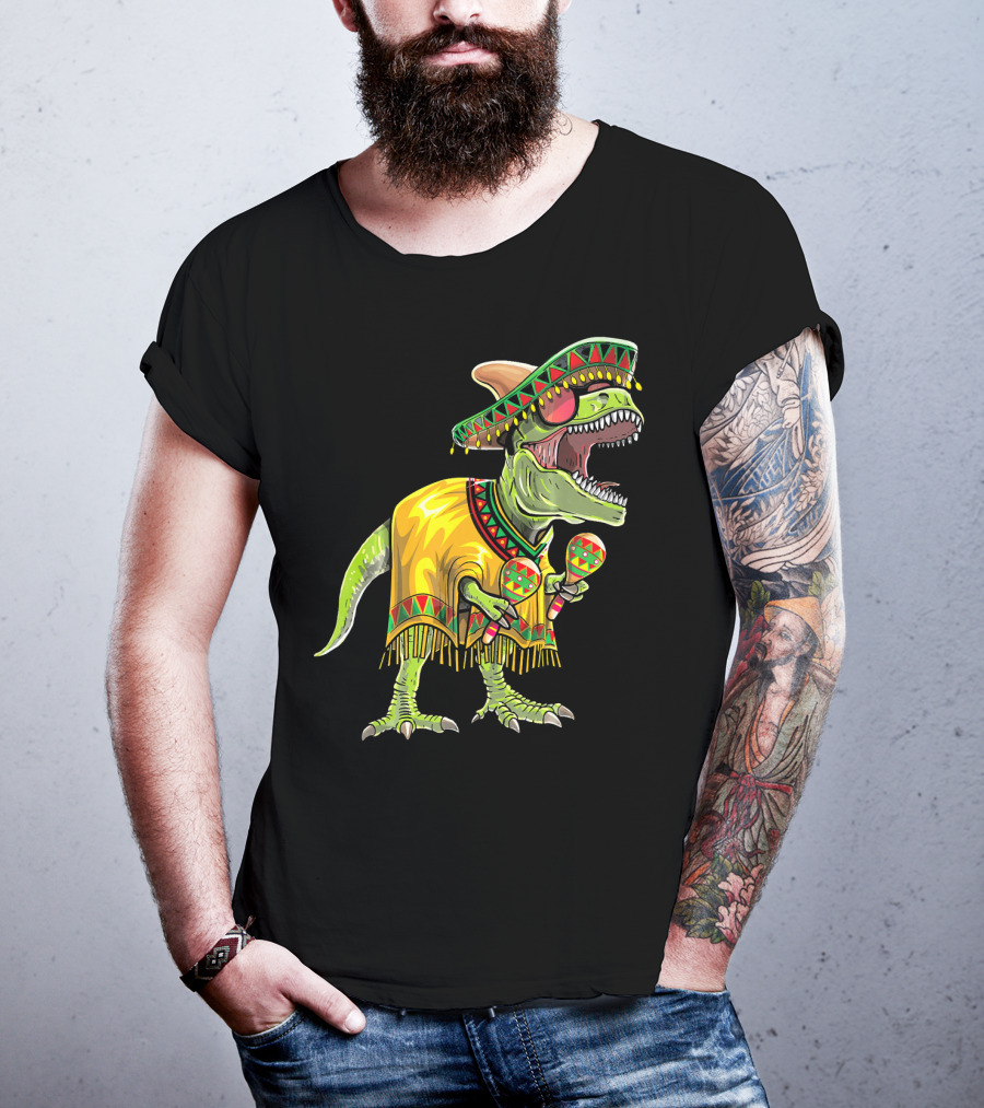 Cinco De Mayo Dinosaur Sombrero Maracas Poncho Fiesta T-Shirt