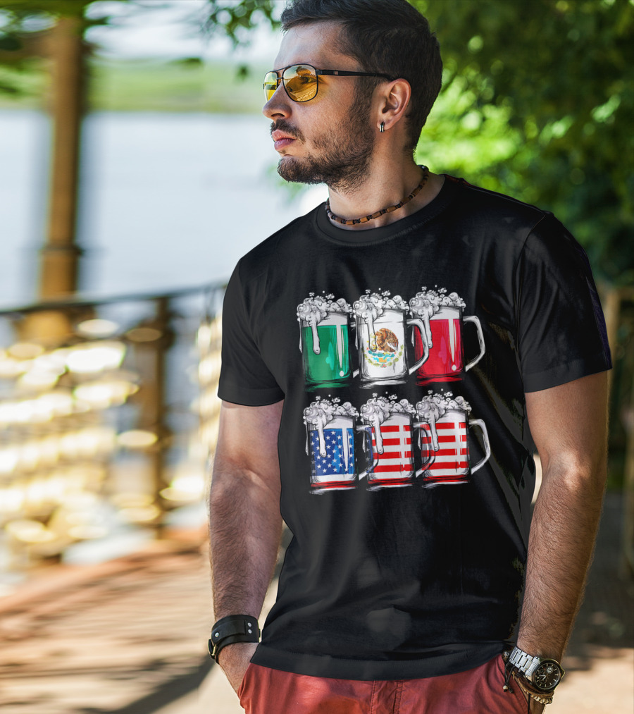 Cinco De Mayo Beer Mexican American Flag Mugs T-Shirt