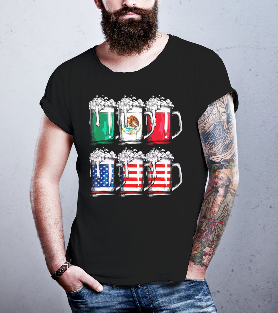 Cinco De Mayo Beer Mexican American Flag Mugs T-Shirt
