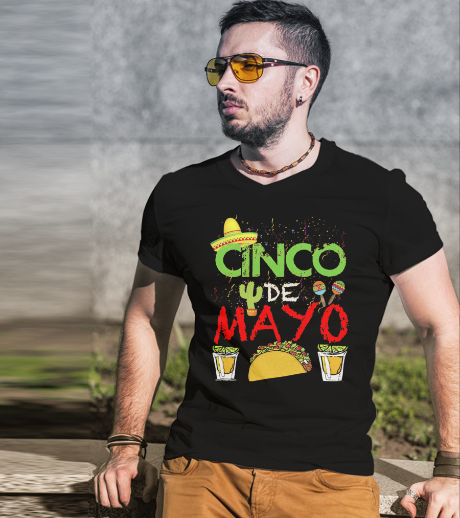 Cinco De Mayo Sombrero Maracas Taco Cactus Drinks Fiesta T-Shirt