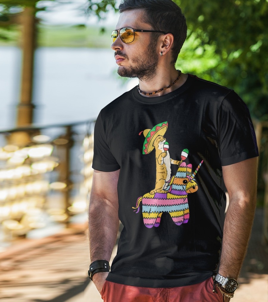 Cinco De Meow Cat Riding Colorful Unicorn Pinata With Sombrero And Maracas T-Shirt