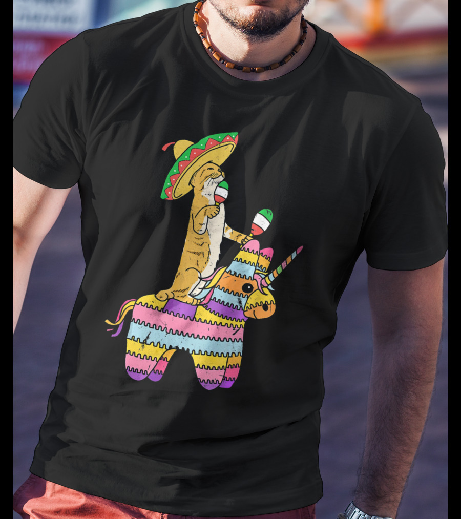 Cinco De Meow Cat Riding Colorful Unicorn Pinata With Sombrero And Maracas T-Shirt
