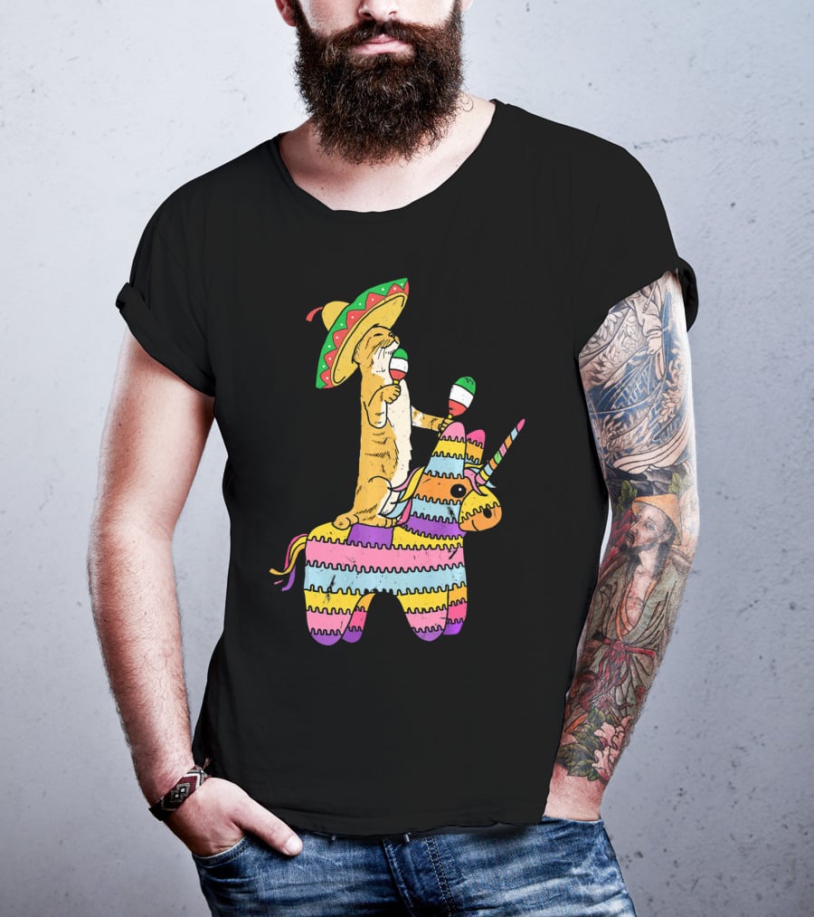 Cinco De Meow Cat Riding Colorful Unicorn Pinata With Sombrero And Maracas T-Shirt