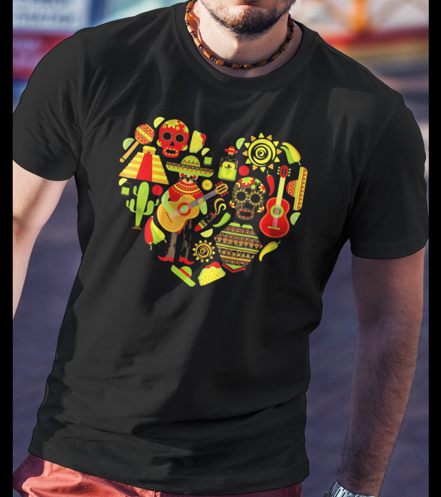 Cinco De Mayo Love Skull Guitar Cactus Sombrero Heart T-Shirt