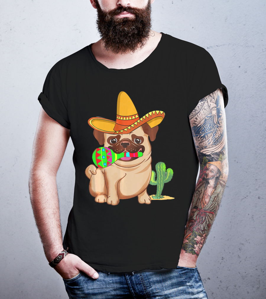 Pug Dog In Sombrero With Maracas For Cinco De Mayo 5th Of May T-Shirt