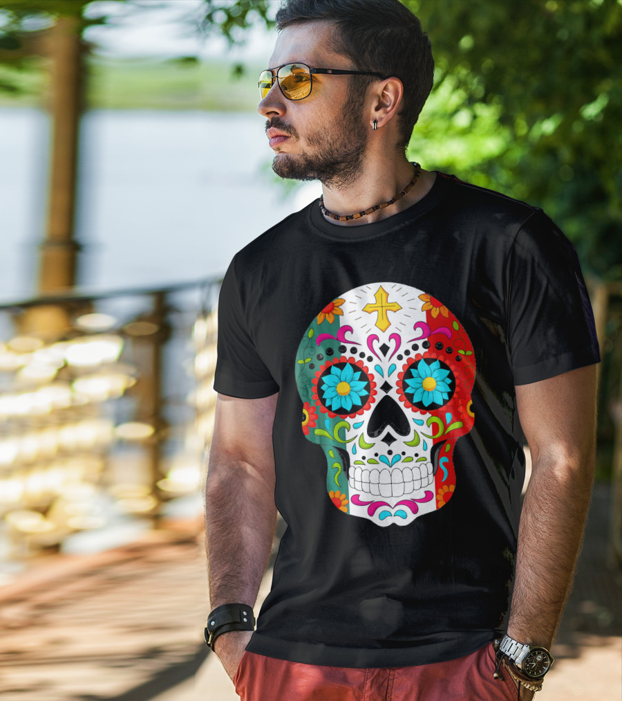 Day Of The Dead Sugar Skull Cinco De Mayo Mexican Flag Colors T-Shirt