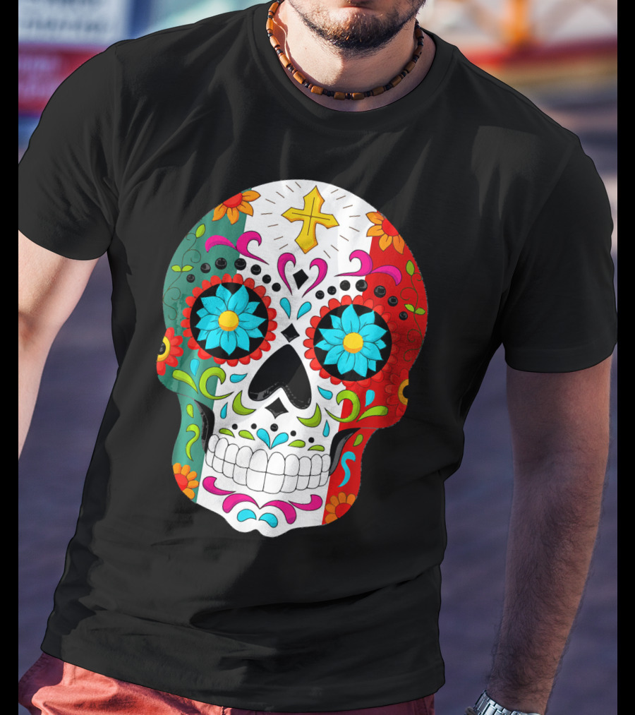 Day Of The Dead Sugar Skull Cinco De Mayo Mexican Flag Colors T-Shirt