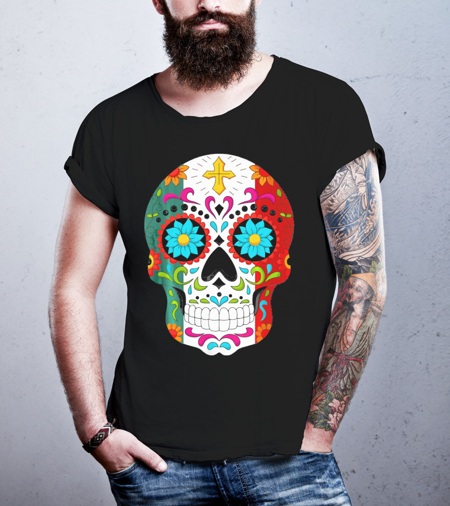 Day Of The Dead Sugar Skull Cinco De Mayo Mexican Flag Colors T-Shirt
