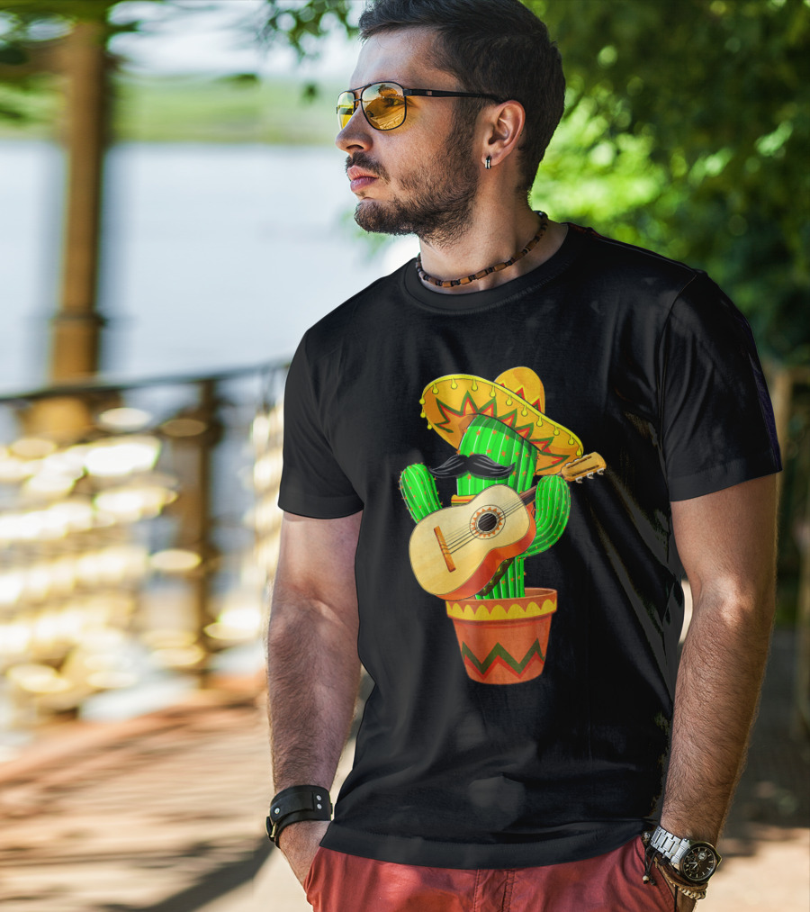 Cinco De Mayo Cactus With Sombrero And Guitar T-Shirt