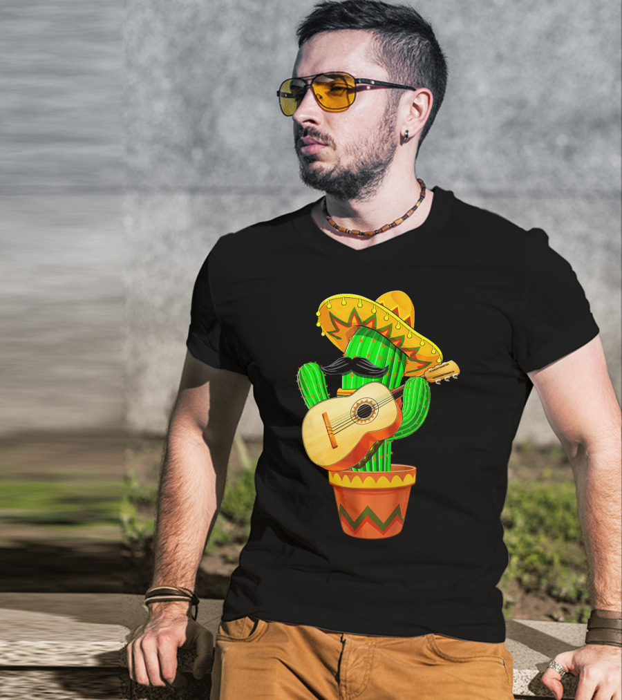 Cinco De Mayo Cactus With Sombrero And Guitar T-Shirt