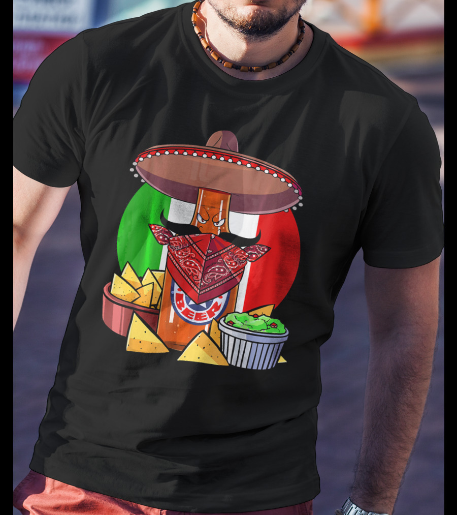 Funny Cinco De Mayo Beer Bottle With Sombrero And Guacamole Fiesta Napkin Bandana T-Shirt
