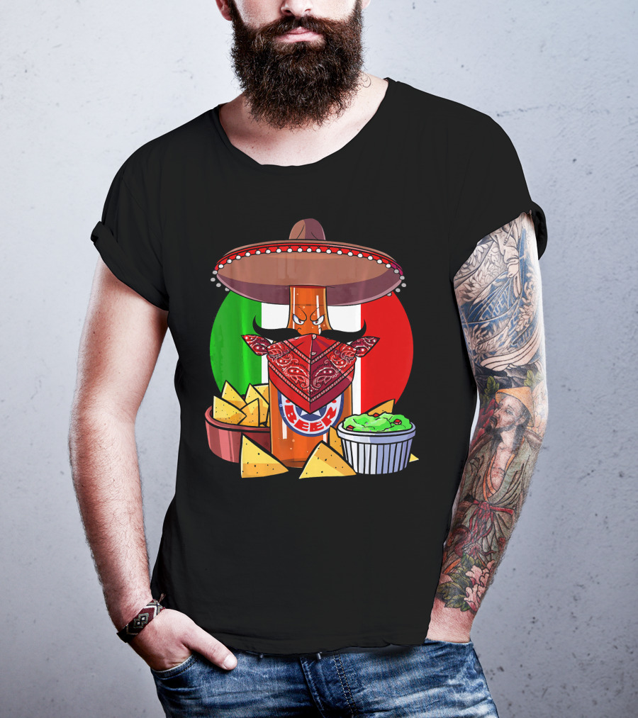 Funny Cinco De Mayo Beer Bottle With Sombrero And Guacamole Fiesta Napkin Bandana T-Shirt