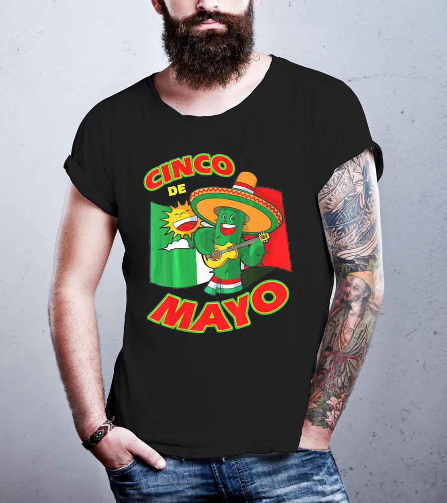 Cinco De Mayo Fiesta Cactus Sombrero Guitar Mexican Flag T-Shirt