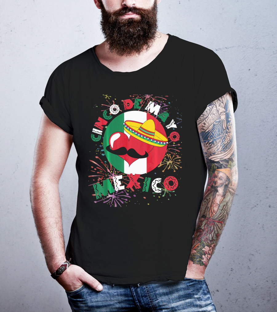 Cinco De Mayo Mexico Celebration Heart Sombrero Fireworks T-Shirt