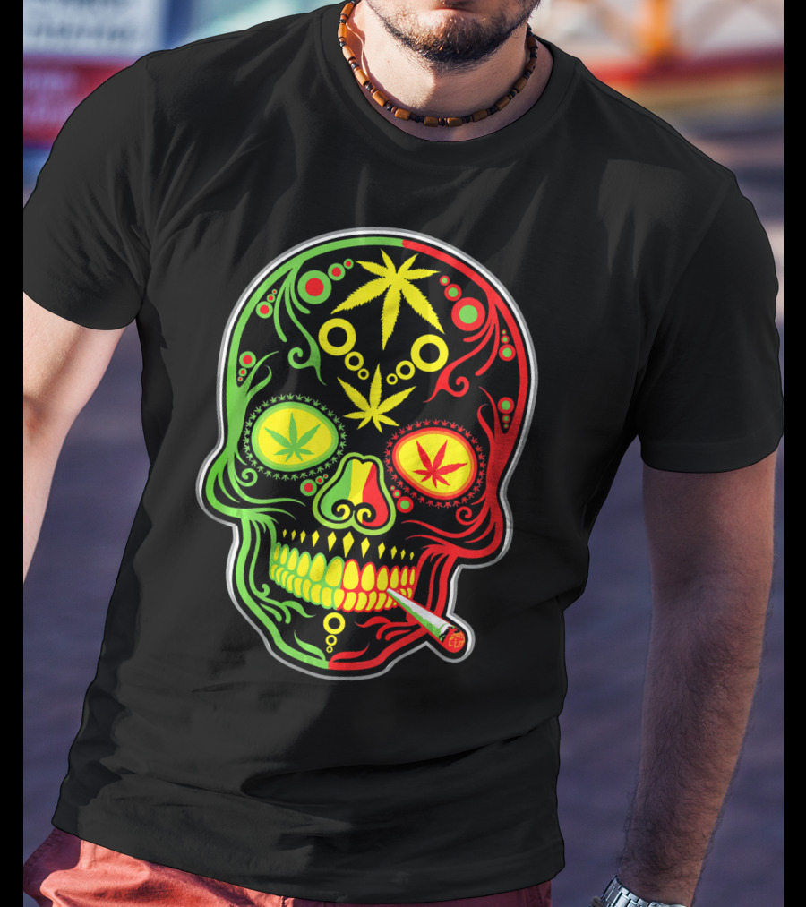 Weed Sugar Skull Marijuana Canna Rasta Colors T-Shirt