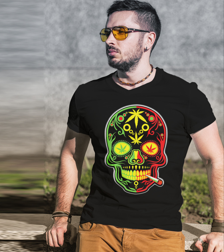 Weed Sugar Skull Marijuana Canna Rasta Colors T-Shirt