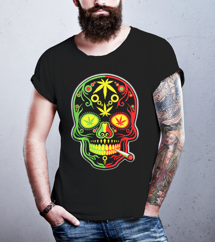 Weed Sugar Skull Marijuana Canna Rasta Colors T-Shirt