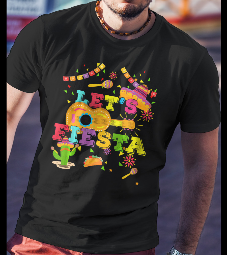 Let's Fiesta Cinco De Mayo Mexican Celebration Guitar Sombrero Maracas Taco Cactus Decorations T-Shirt