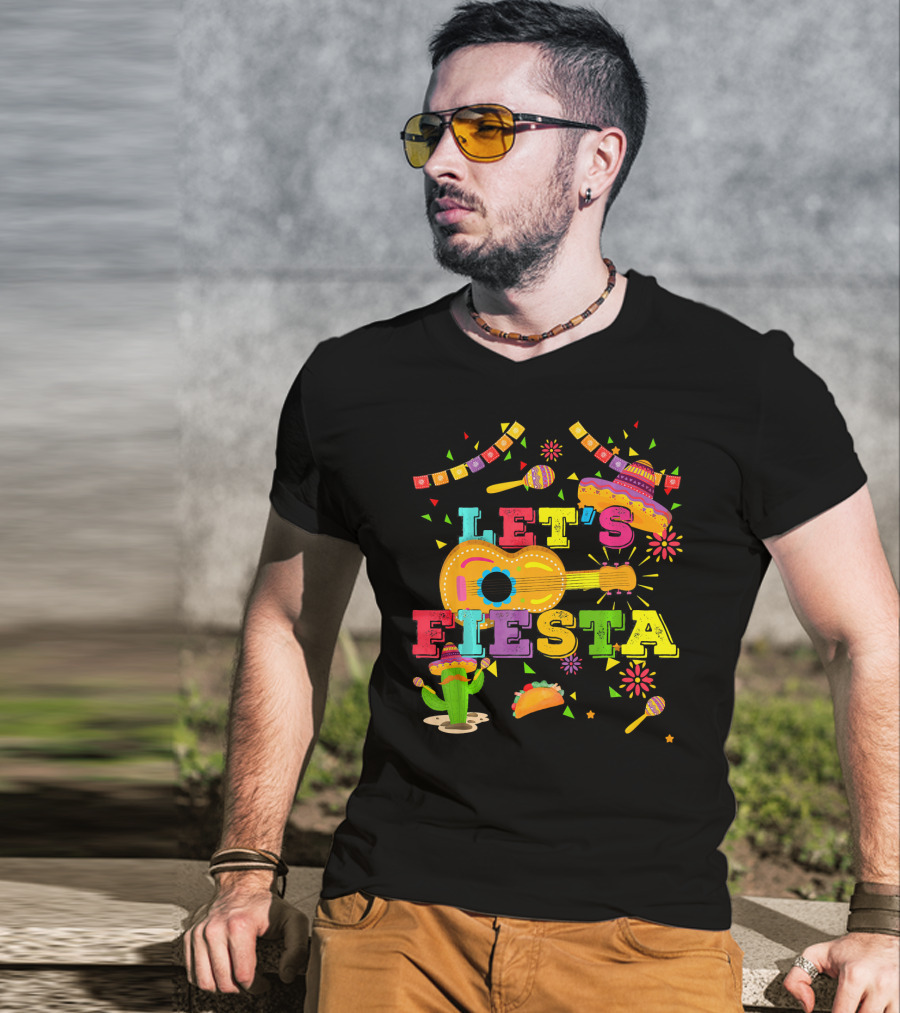 Let's Fiesta Cinco De Mayo Mexican Celebration Guitar Sombrero Maracas Taco Cactus Decorations T-Shirt